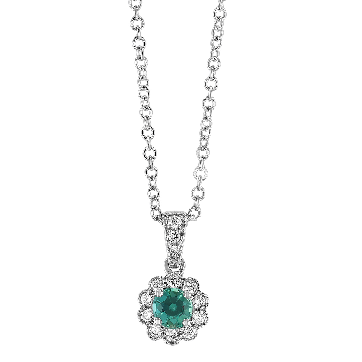 Alexandrite & Diamond Floral Halo & Milgrain Pendant in White Gold, 18 ...