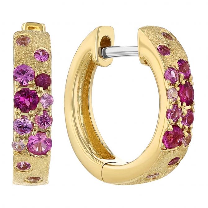 Pink Sapphire Flush Set Scattered Huggie Hoop Earrings in Yellow Gold