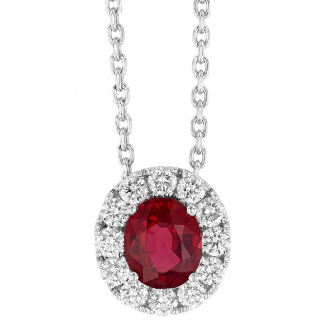 Oval Ruby & Diamond Halo Pendant in White Gold, 17"