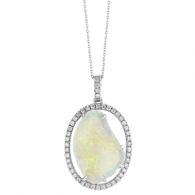 Opal & Diamond Open Round Pendant in White Gold