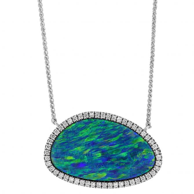 Black Opal Doublet with Diamond Halo Pendant in White Gold, 18"