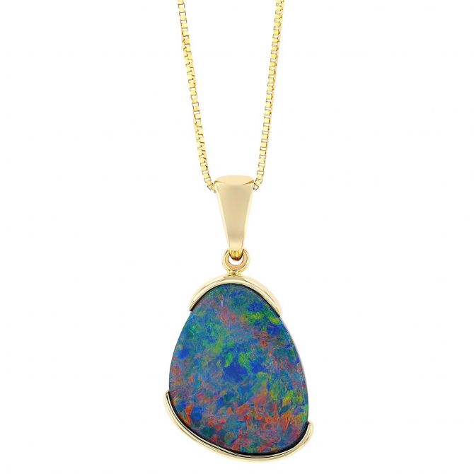 Black Opal Doublet Half Bezel Pendant in Yellow Gold