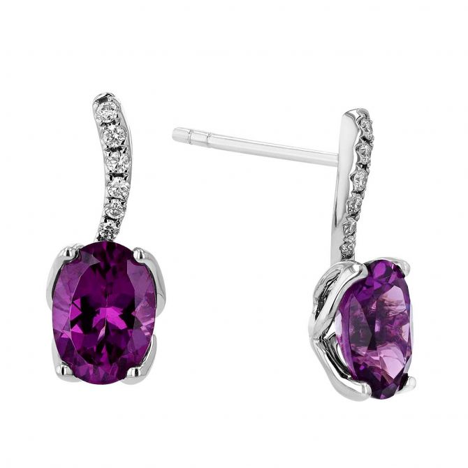 Oval Rhodolite Garnet & Diamond Curved Post Drop Earrings in White Gold