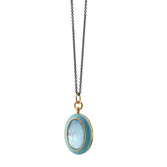 Monica Rich Kosann Turquoise Enamel and Yellow Gold Oval Locket with Blue Topaz