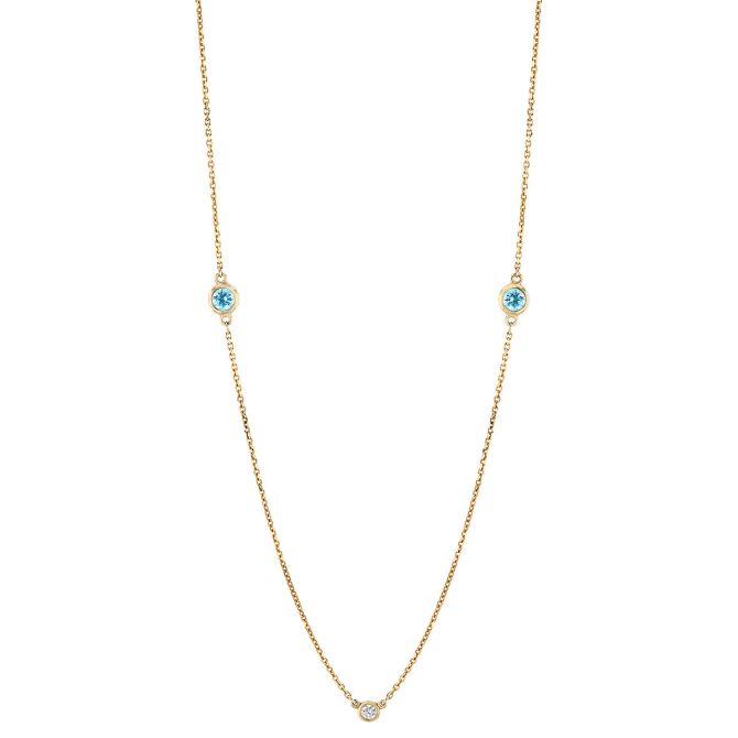 Aquamarine, Topaz, & Diamond 3 Station Necklace in Yellow Gold 16"