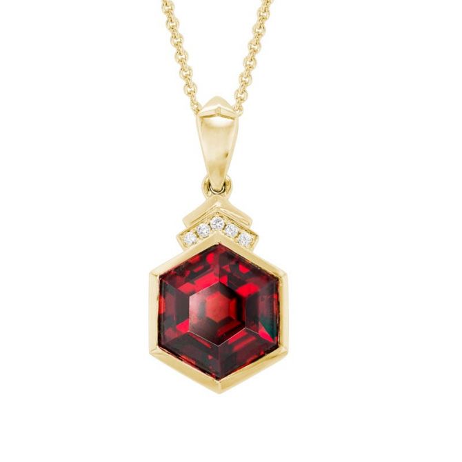 Hexagon Garnet & Diamond Accent Pendant in Yellow Gold, 18"