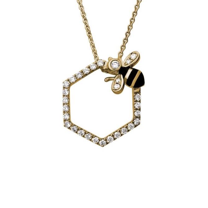 Diamond Hexagon & Bee Pendant in Yellow Gold, 18"