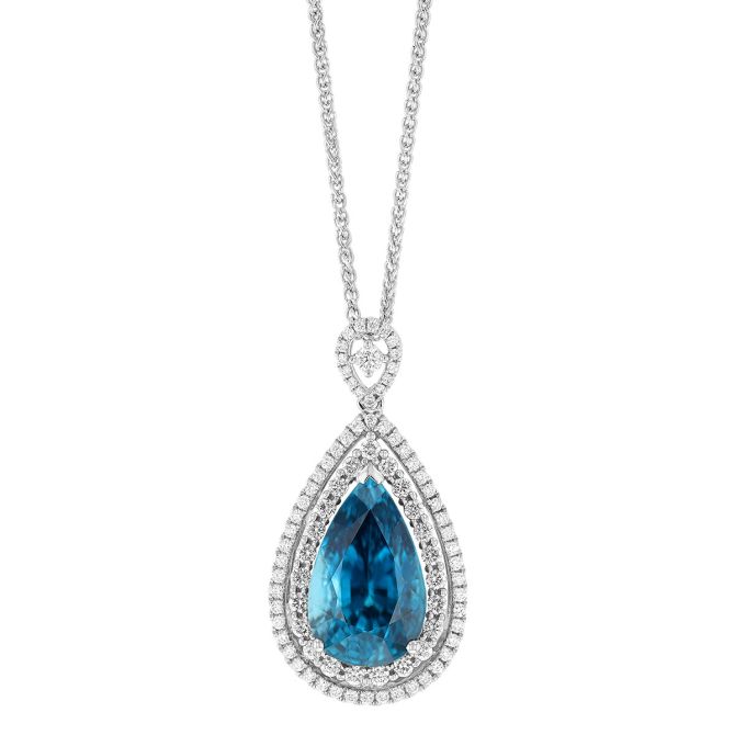 Pear Shaped Zircon Pendant with Double Diamond Halo & Bail in White Gold, 18"