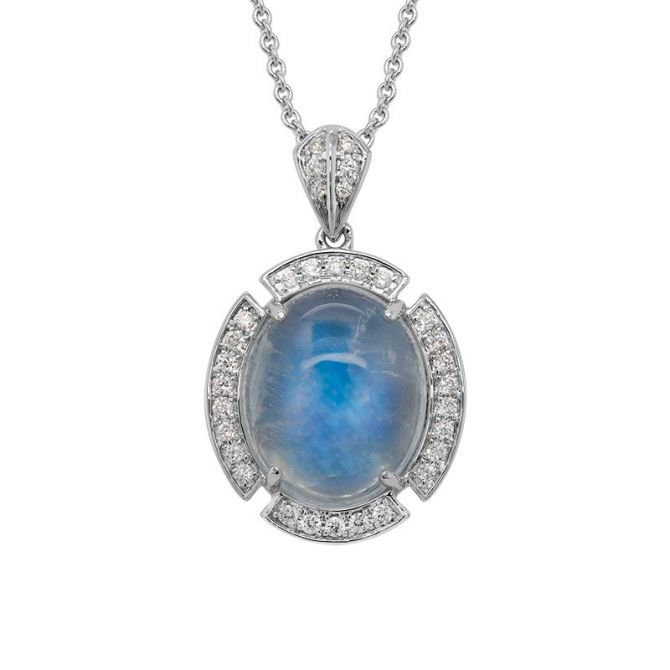 Oval Cabochon Moonstone & Diamond Split Halo Pendant in White Gold, 18"