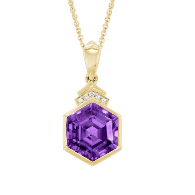 Hexagon Amethyst & Diamond Pendant in Yellow Gold