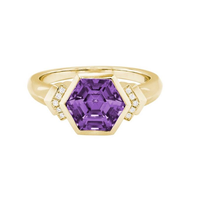 Hexagon Amethyst & Diamond Side Stone Ring in Yellow Gold