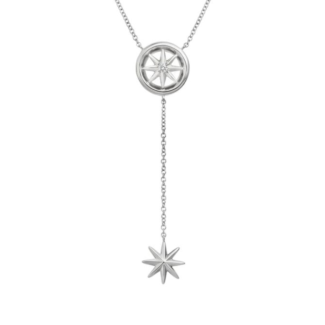 White Gold Star & Circle Lariat Necklace with Diamond Accent, 18"