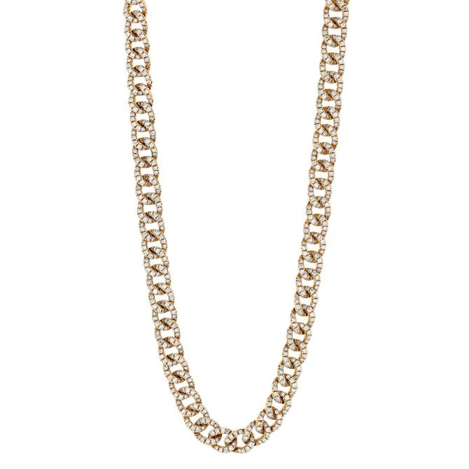 Diamond Pavé Curb Chain Link Necklace in Yellow Gold, 14"