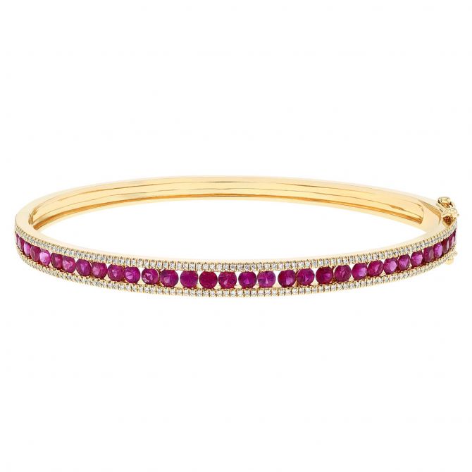 Channel Set Ruby & Diamond Pavé Bangle Bracelet in Yellow Gold