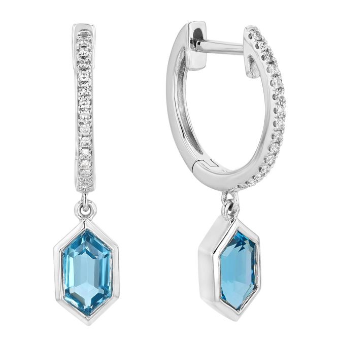 Hexagon Topaz Bezel Set Dangle Diamond Hoop Earrings in White Gold