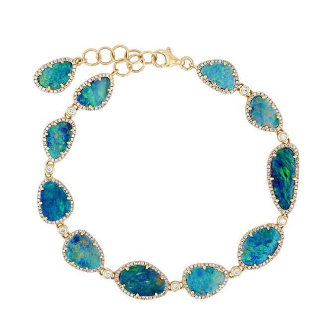 Black Opal & Diamond Halo Bracelet in Yellow Gold, 7.75"