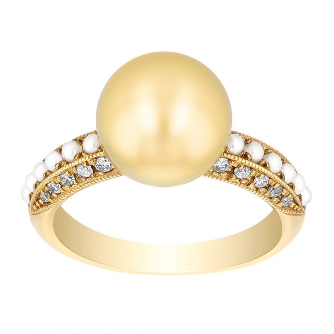 TARA Pearls Golden South Sea & Akoya Cultured Pearl Ring with Diamonds in Yellow Gold