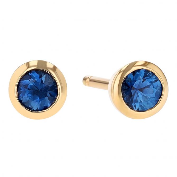 Round Sapphire Bezel Set Stud Earrings in Yellow Gold