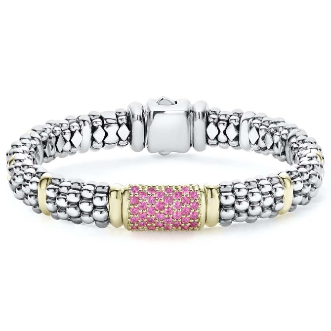 LAGOS Caviar Color Pink Sapphire & Beaded Sterling Silver Bracelet with Yellow Gold Accents, 7"