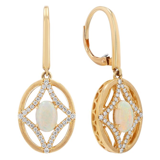 Oval Cabochon Opal & Diamond Oval Dangle Hoop Earrings in Yellow Gold