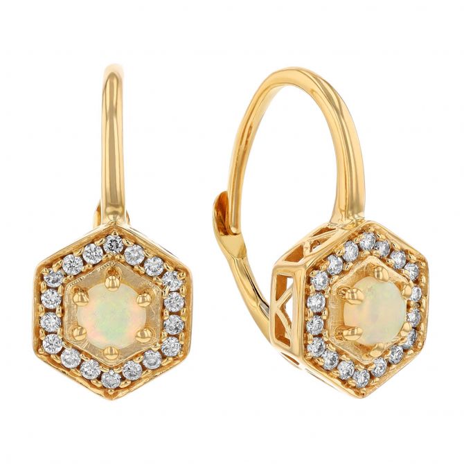 Round Cabochon Opal & Diamond Halo Hexagon Shaped Drop Earrings in Yellow Gold