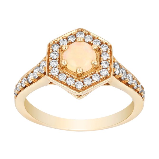 Round Cabochon Opal & Diamond Hexagon Halo Ring in Yellow Gold