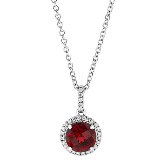 Round Checkerboard Garnet & Diamond Halo Pendant in White Gold, 18"