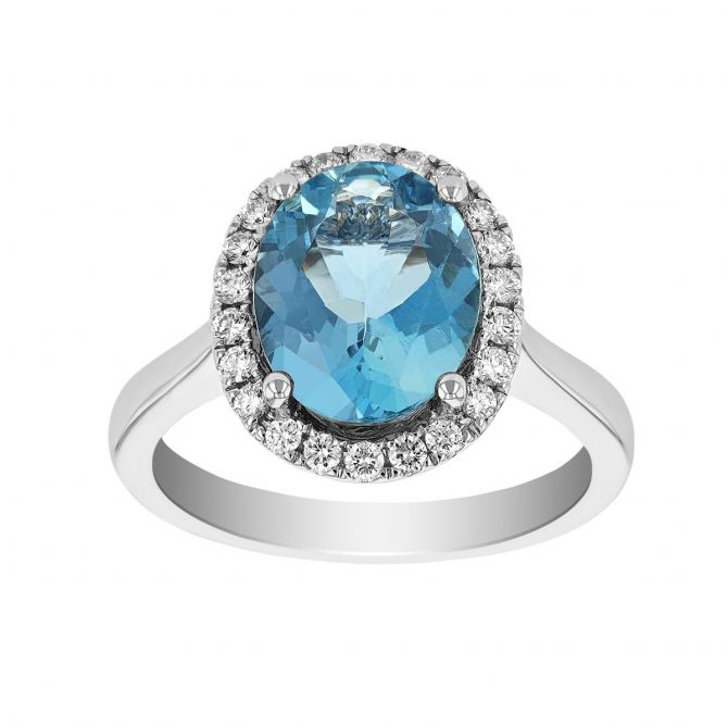 Oval Aquamarine & Diamond Halo Ring in White Gold