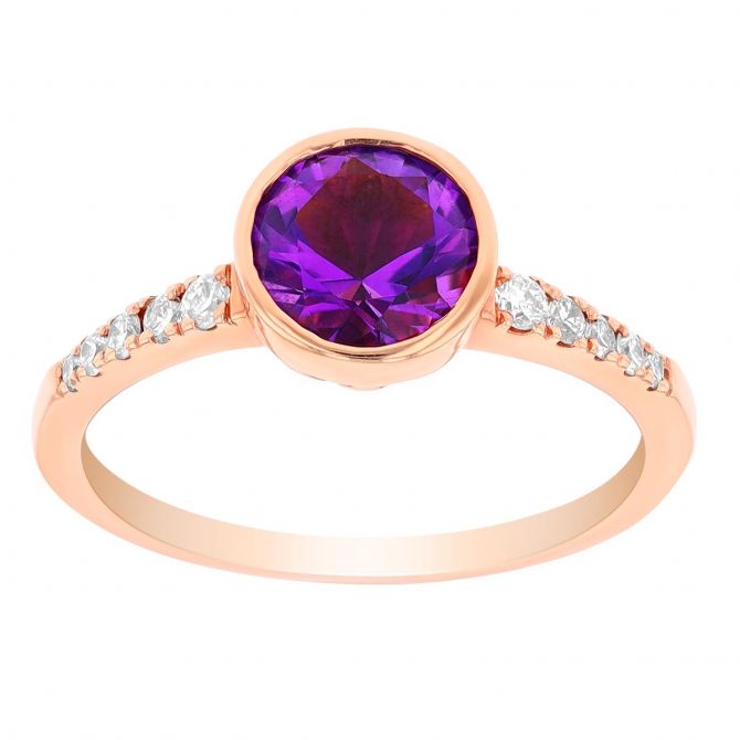 Round Amethyst & Diamond Bezel Set Ring in Rose Gold