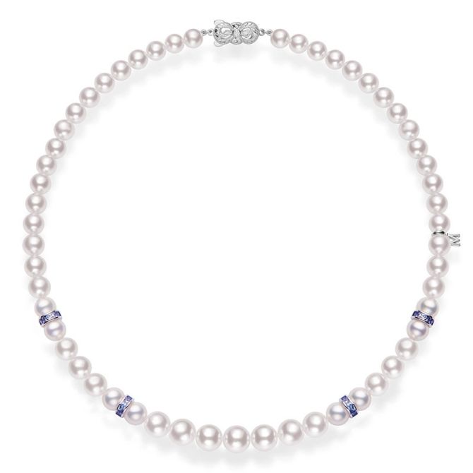 Mikimoto Ocean Akoya Cultured Pearl & Sapphire Rondel Graduated Strand Necklace in White Gold, 18"