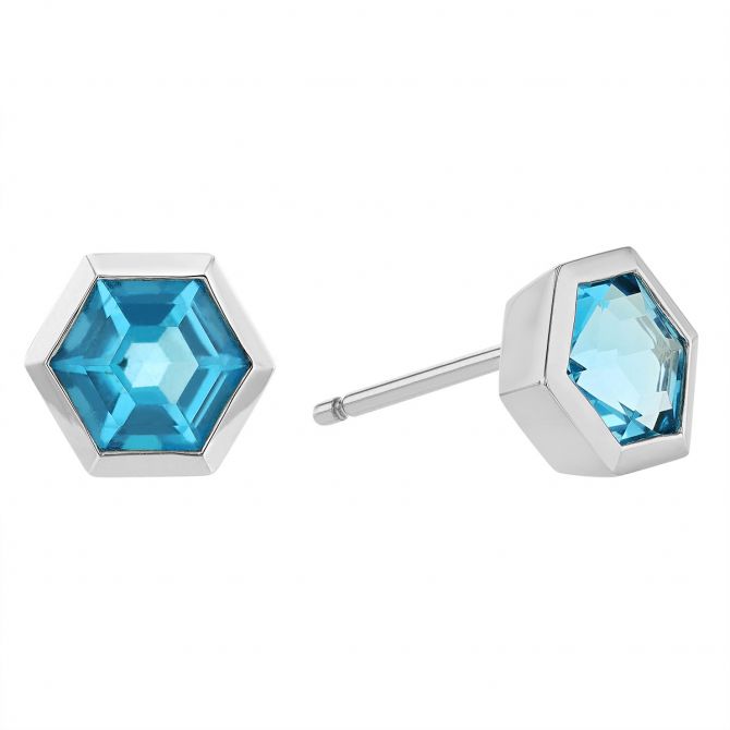 Hexagon Topaz Bezel Set Stud Earrings in White Gold