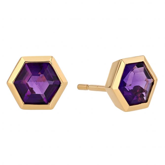 Hexagon Amethyst Bezel Set Stud Earrings in Yellow Gold