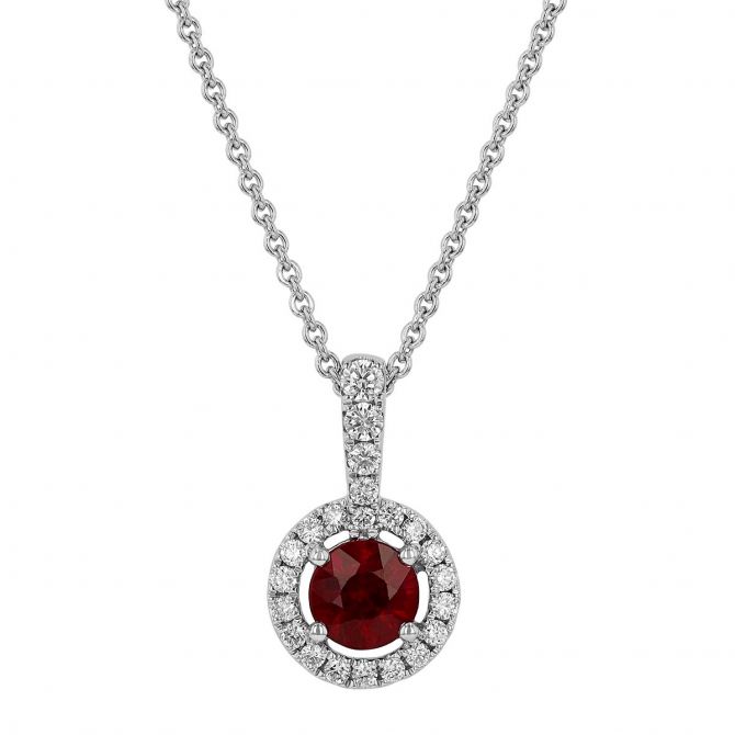 Round Ruby & Diamond Open Halo Pendant in White Gold, 18"