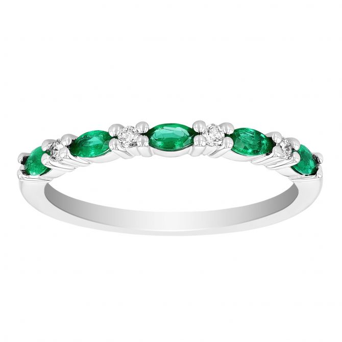 Marquise Emerald & Diamond Alternating Ring in White Gold