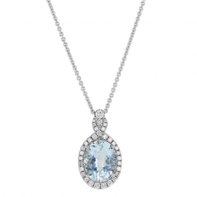 Oval Aquamarine & Diamond Halo with Embellished Bail Pendant in White Gold, 18"