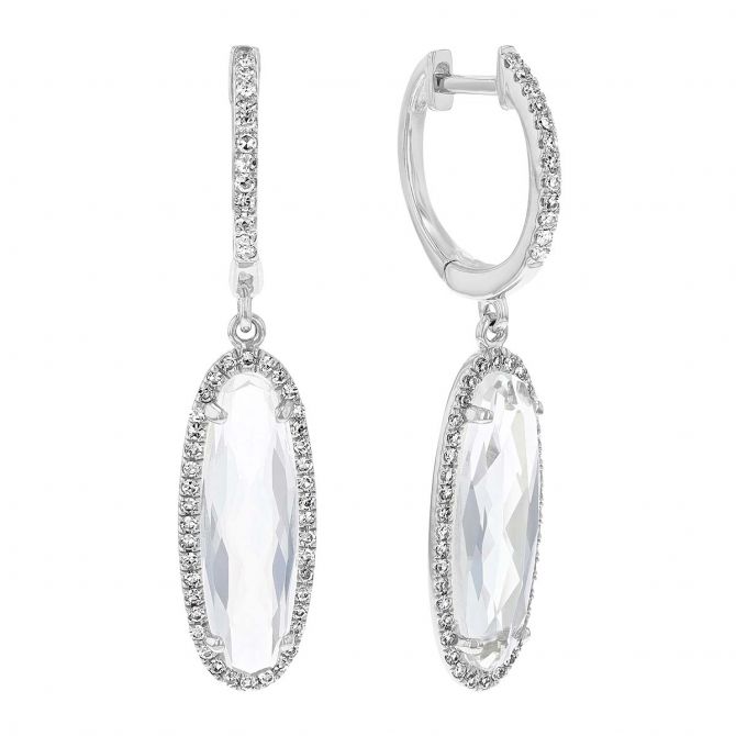 Oval White Topaz & Diamond Halo Drop Earrings in White Gold