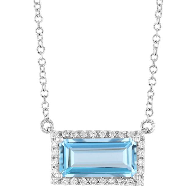 Aquamarine Baguette & Diamond Halo Necklace in White Gold, 18"