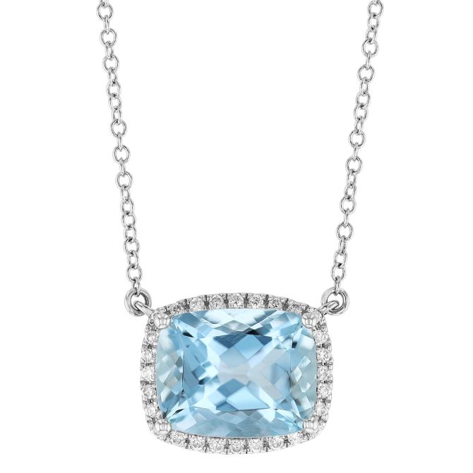 Cushion Cut Aquamarine & Diamond Halo Necklace in White Gold, 18"