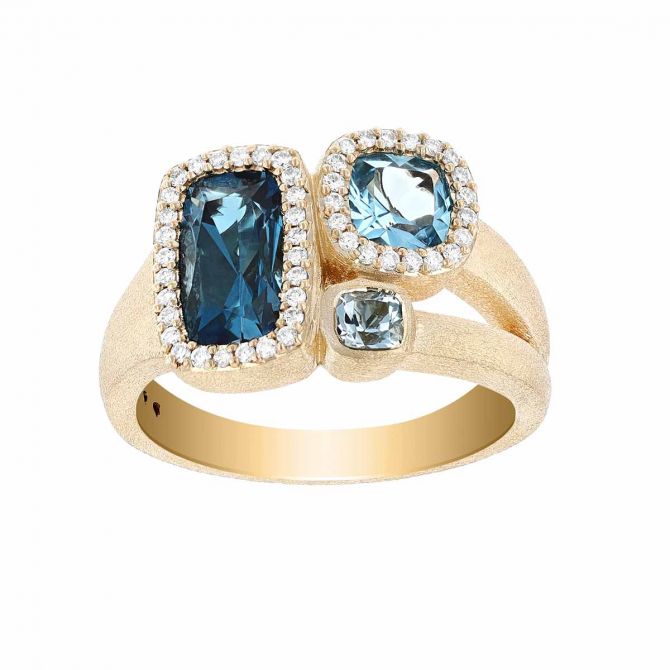 Cushion Blue Topaz & Diamond Halo 3 Stone Ring in Yellow Gold