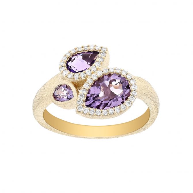 Pear Shaped Amethyst Trio & Diamond Halo Cluster Ring in Yellow Gold