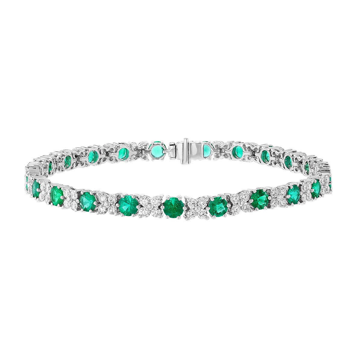 Emerald & Diamond Flower Tennis Bracelet in White Gold, 7