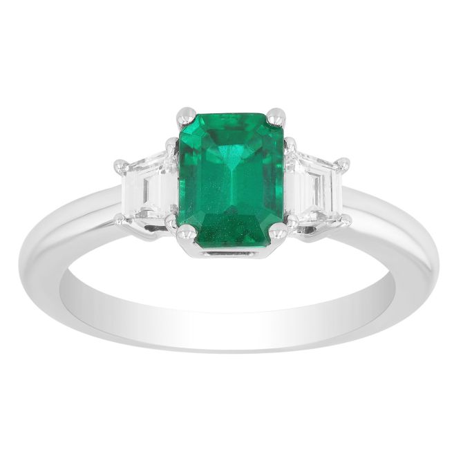 Emerald Cut Emerald & Trapezoid Diamond 3 Stone Ring in Platinum