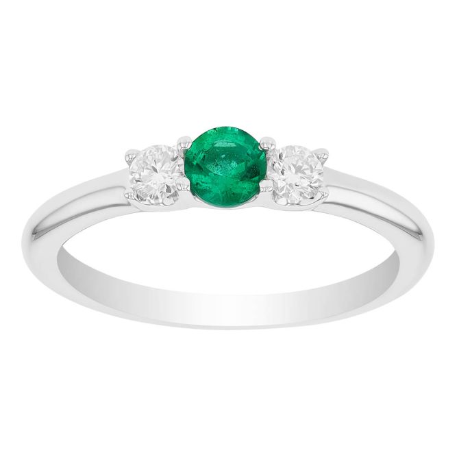 Round Emerald & Diamond 3 Stone Ring in White Gold