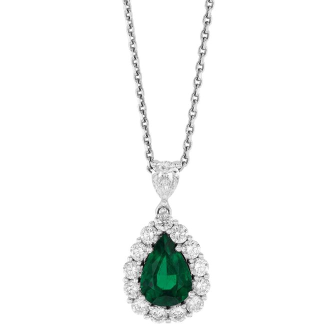 Pear Shaped Emerald & Diamond Halo Pendant in White Gold, 17"