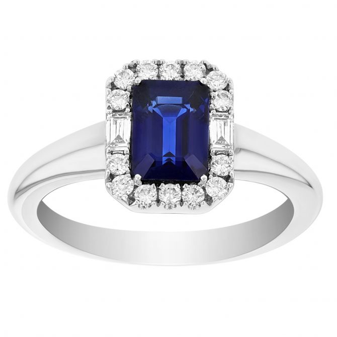 Emerald Cut Sapphire & Diamond Halo Ring in White Gold