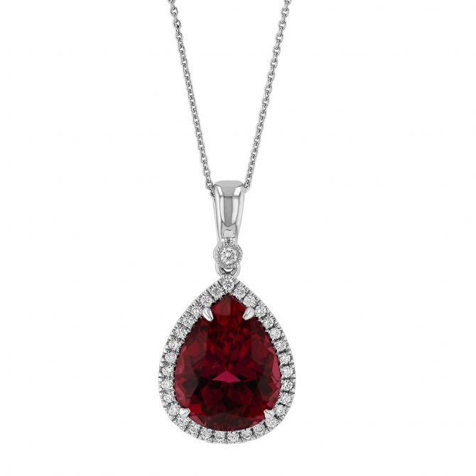 Pear Shaped Pink Tourmaline & Diamond Halo Pendant in White Gold