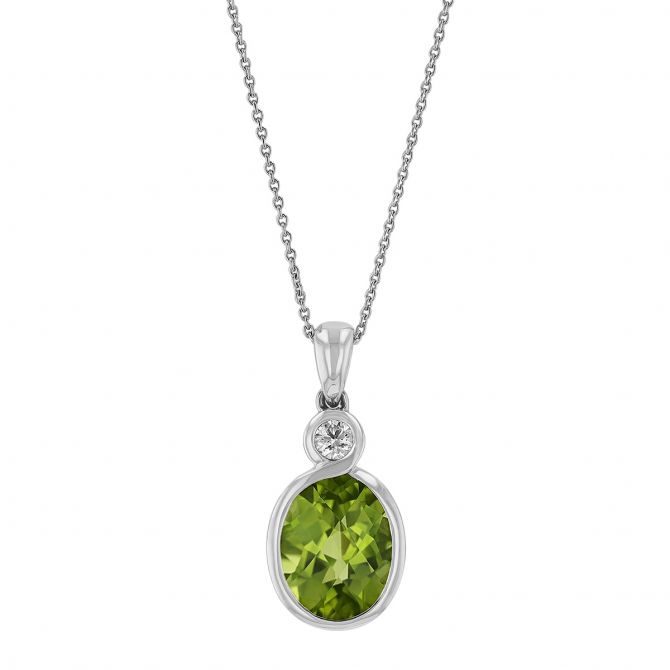 Oval Peridot & Diamond Bezel Set Pendant in White Gold