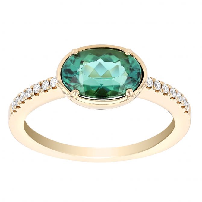 Oval Green Tourmaline & Diamond Shank Bezel Set Ring in Yellow Gold