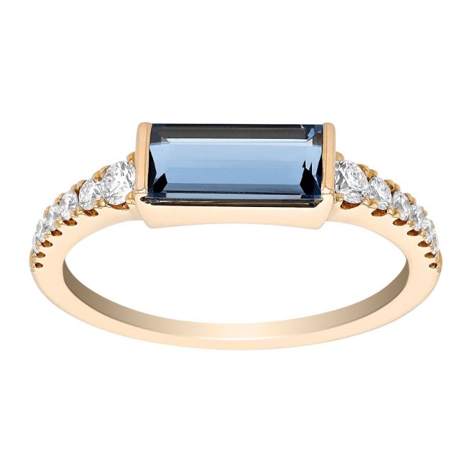 Baguette Aquamarine & Diamond Shank Ring in Yellow Gold