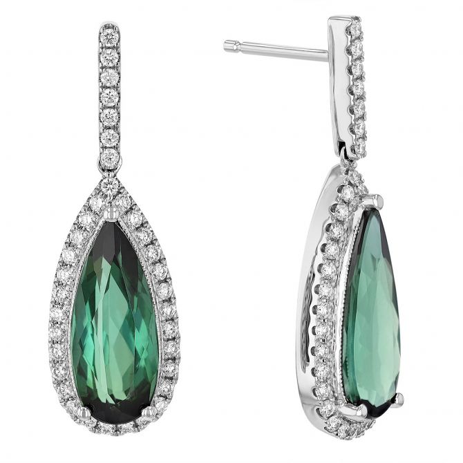 Pear Shaped Green Tourmaline & Diamond Halo Dangle Post Earrings in White  Gold